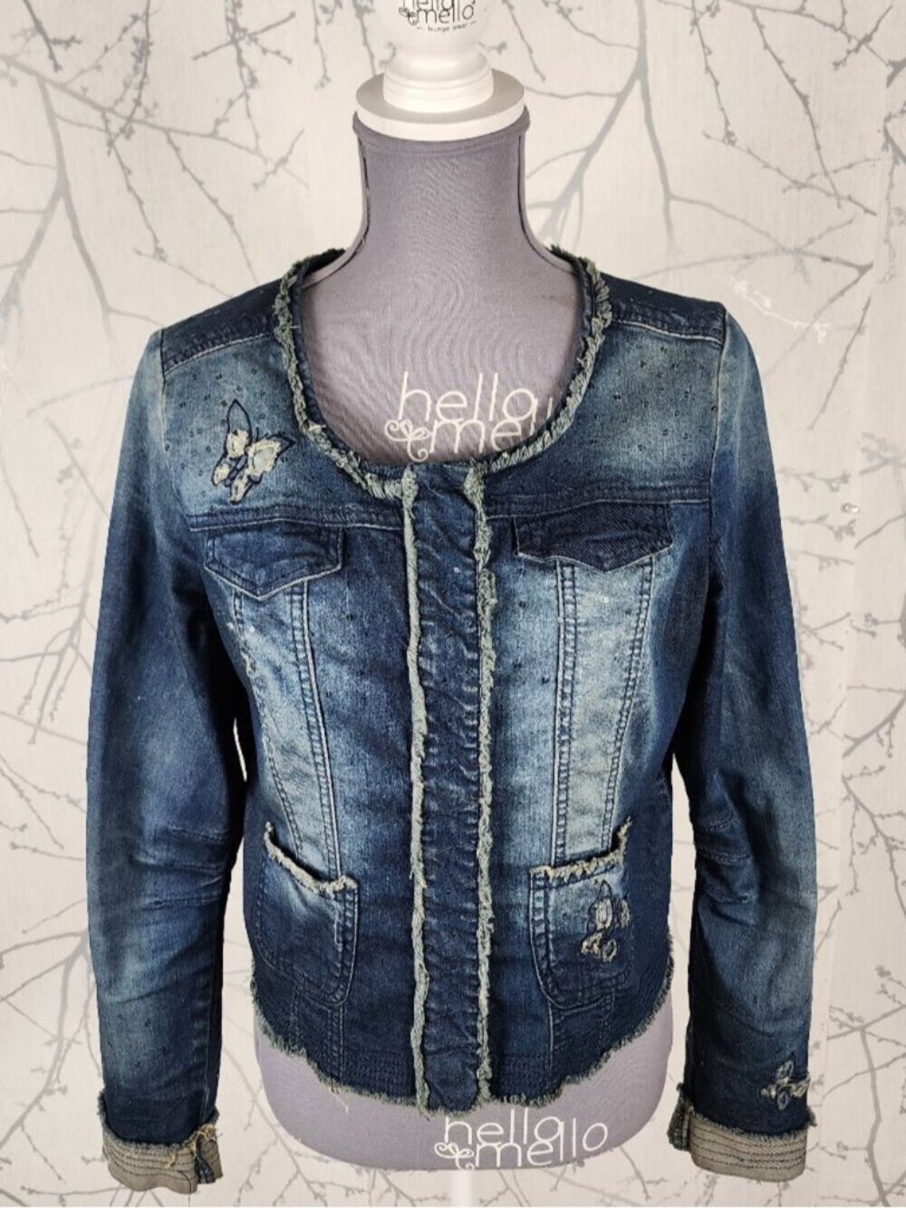 Cream Butterfly Sequin Distressed Collarless Denim Jacket